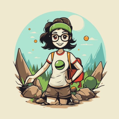 Girl hiker with a backpack. Vector illustration in cartoon style