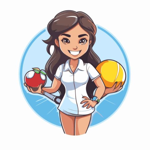 Woman tennis player holding ball and racket. Vector illustration