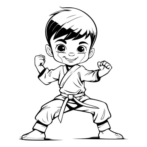 Karate boy cartoon character vector illustration. Black and whit