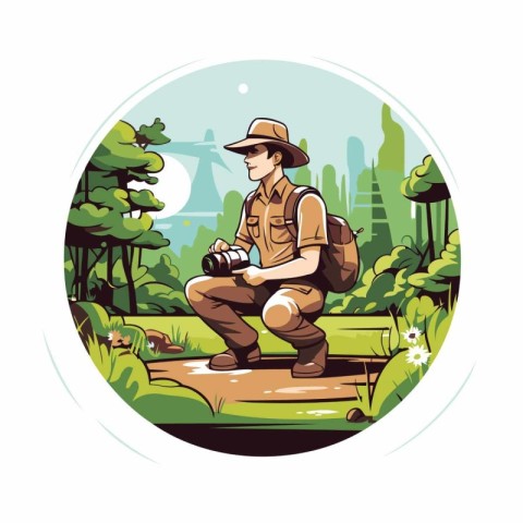 Tourist with binoculars in the park. Vector illustration.