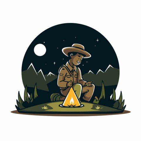 Vector illustration of a man camping on the meadow at night.