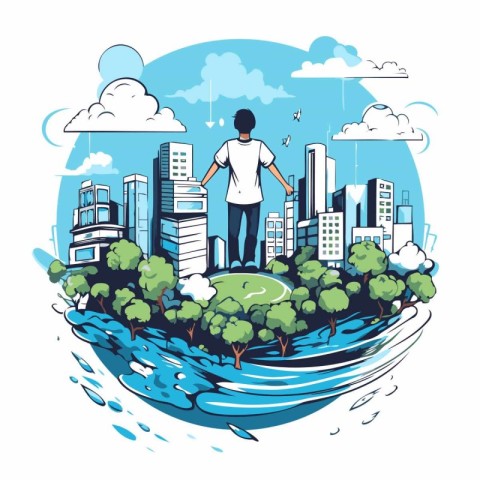 Vector illustration of a man standing on the island of the city.