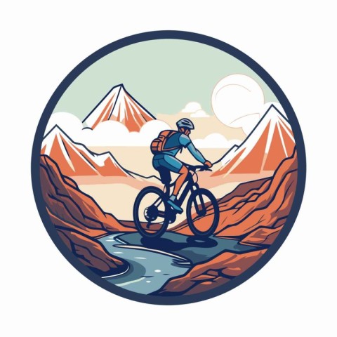 Mountain biker riding a bike in the mountains round icon vector