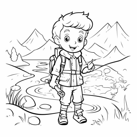 Coloring Page Outline Of a Boy Hiking in the Mountains