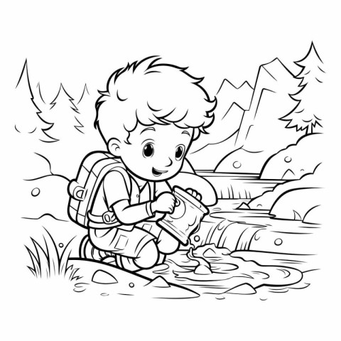 Black and White Cartoon Illustration of Kid Boy Hiking or Campin