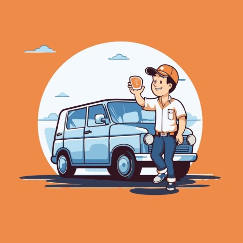 Vector illustration of a delivery man with a cup of coffee and a