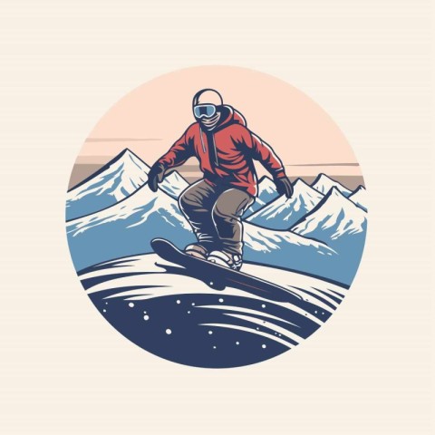 Snowboarder jumping on snowy mountains in retro style. Vector il