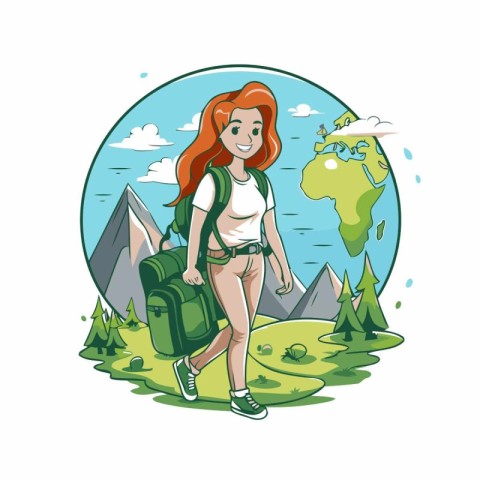 Hiking girl with backpack in the mountains. Vector illustration