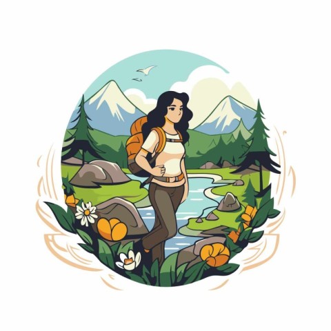 Hiking woman in the mountains. Vector illustration in cartoon st