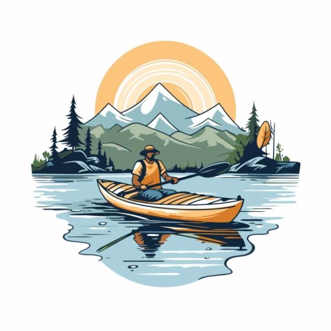 Kayaking in the mountains. Vector illustration of a man in a can