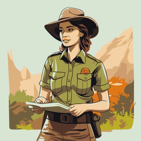 Vector illustration of a safari explorer with map in his hand.