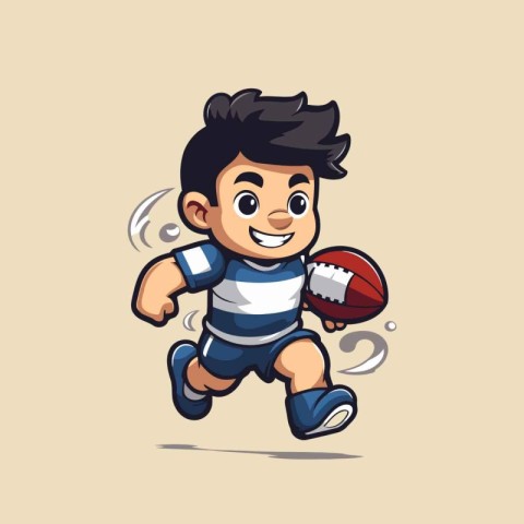 Cute cartoon rugby player running with ball. Vector Illustration