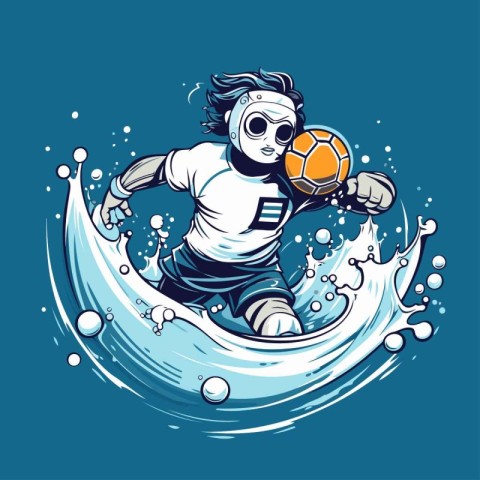 Cartoon soccer player with ball on the wave. Vector illustration