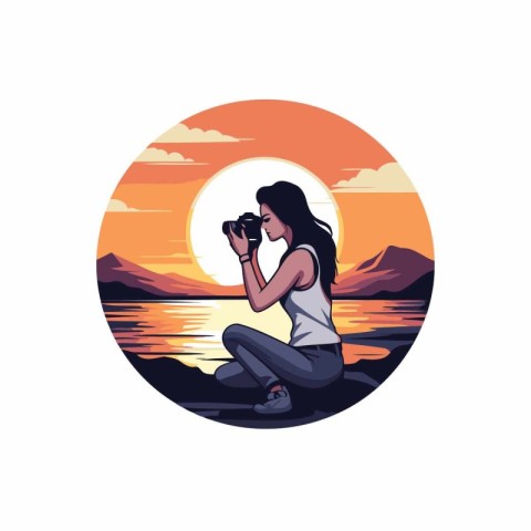 Woman photographer with camera at sunset. Vector illustration in