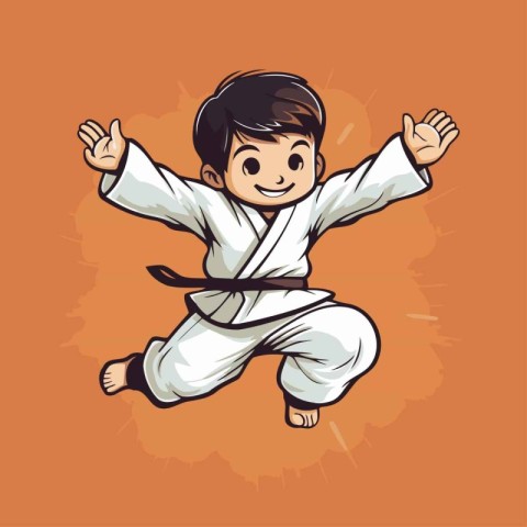 Karate boy in kimono on orange background. Vector illustration.