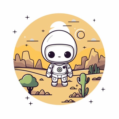 Cute astronaut in the desert. Vector illustration. Cartoon style