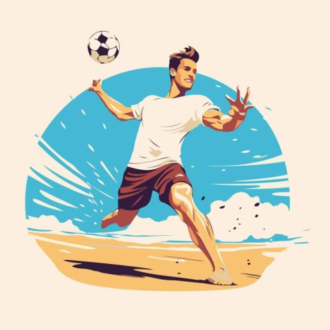 Soccer player with ball on the beach. Vector illustration in ret