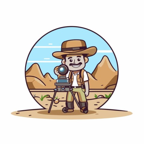 Illustration of a tourist with a camera on a background of mount