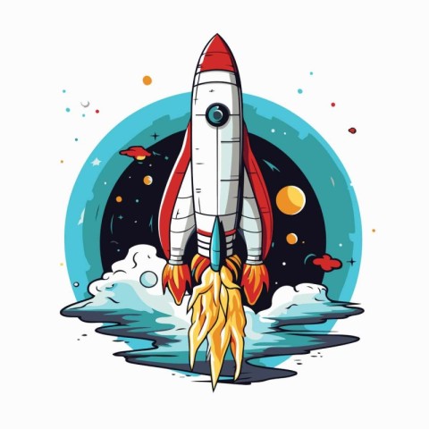 Cartoon rocket flying in space. Vector illustration on white bac