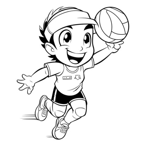 Black and White Cartoon Illustration of a Kid Playing Volleyball