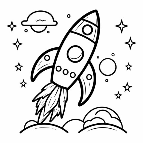 Coloring book for children: rocket in the space. Vector illustra