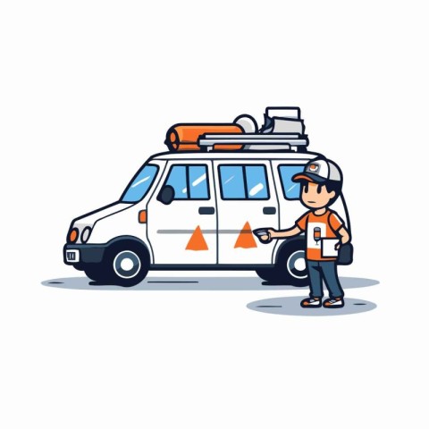 Delivery man in uniform and cap with luggage on van. Vector illu