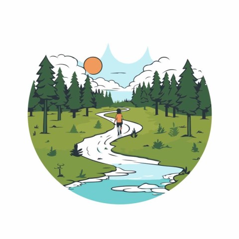 Vector illustration of a mountain landscape with a river and a m