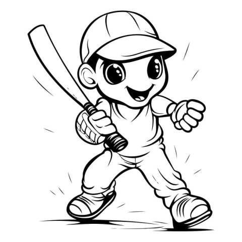 Baseball Player with Bat - Black and White Cartoon Illustration.