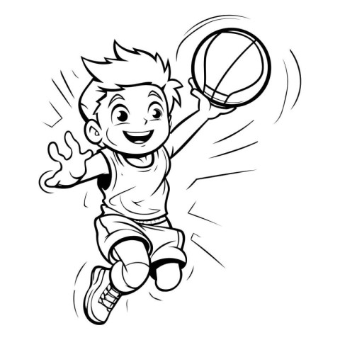 Black and White Cartoon Illustration of a Boy Playing Basketball