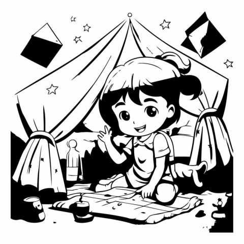 Black and White Cartoon Illustration of Little Girl Playing Jugg