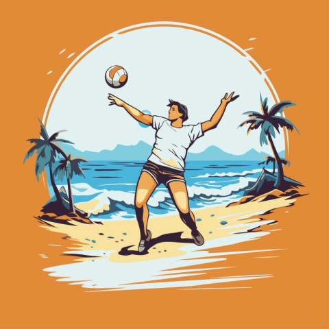 Man playing volleyball on the beach. Vector illustration in retr