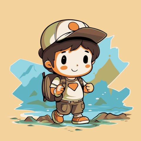 Illustration of a Kid Boy Hiking on a Rocky Landscape