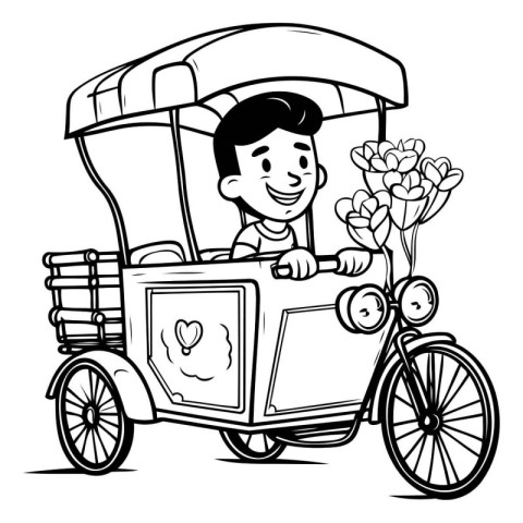 Vector illustration of a young man riding a tricycle with flower