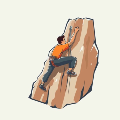 Young man climbing on a rock. Vector illustration in cartoon sty