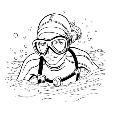 Scuba diver in a mask and snorkel. Black and white vector illust