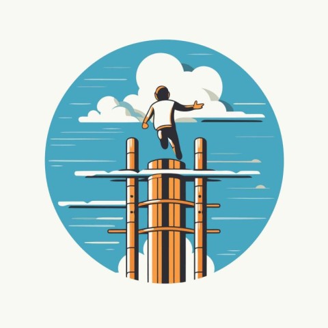 Businessman jumping over the bridge. Vector illustration in retr