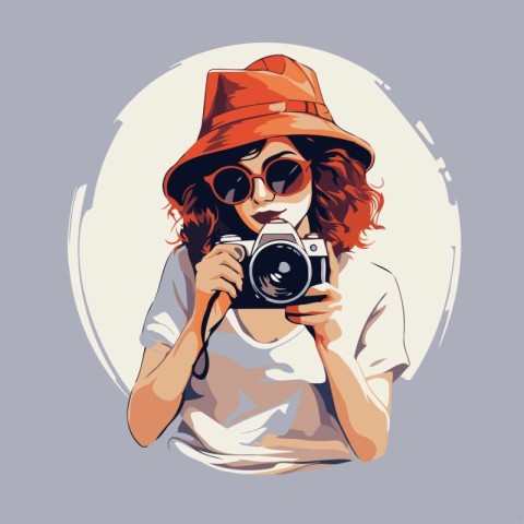 Beautiful girl in hat and sunglasses with a camera. Vector illus