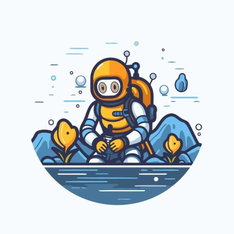 Astronaut sitting on the bottom of the river. Vector illustratio