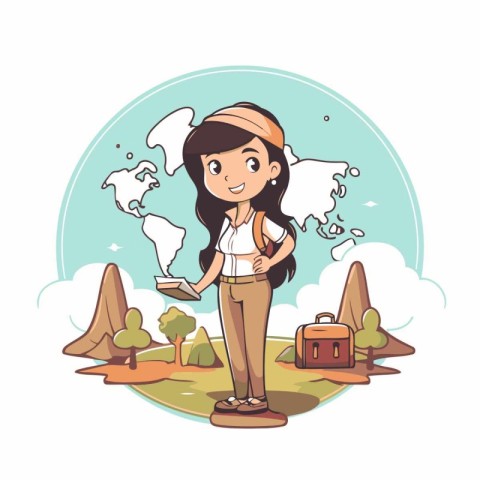 Girl tourist with map and backpack. Vector illustration in carto