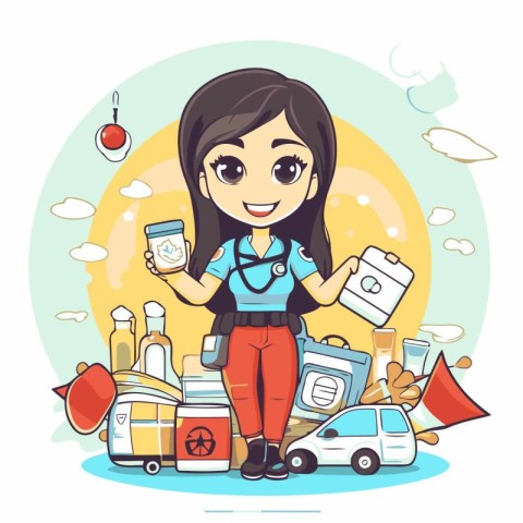 Cute girl with set of travel items. Vector cartoon illustration.