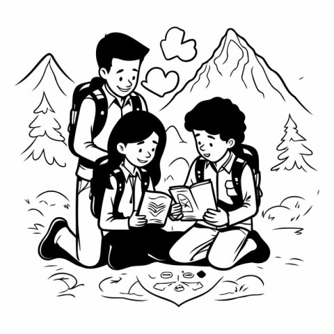 Vector illustration of a family camping in the mountains. Father