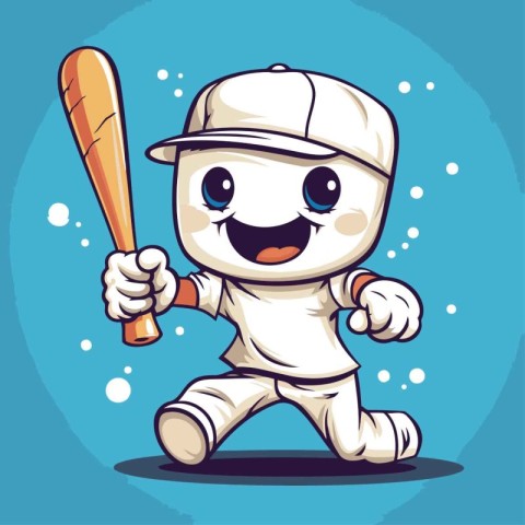 Cute baseball player with baseball bat. Cartoon character. Vecto