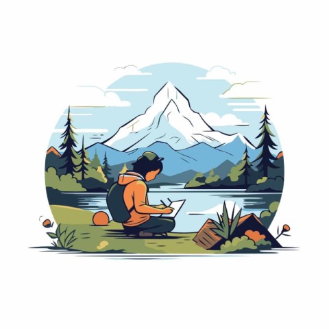 Camping on the river. Vector illustration in a flat style.