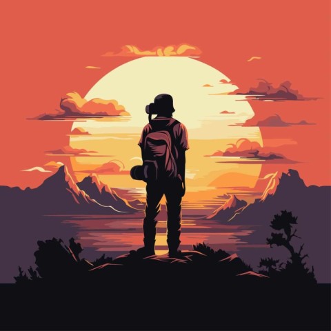 Silhouette of a hiker with a backpack at sunset. Vector illustra