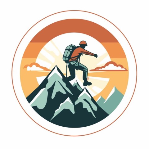 Hiker on the top of a mountain. Vector illustration of a mountai