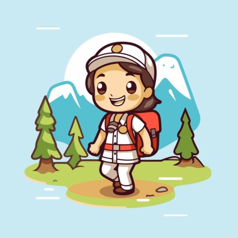 Cute little boy hiking in the mountains. Vector cartoon illustra