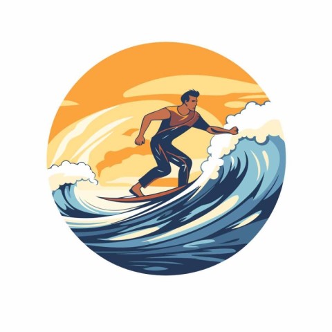 Vector illustration of a surfer riding a wave on the sunset back