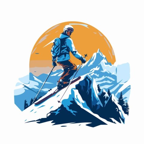 Skier on the background of mountains. Vector illustration in ret