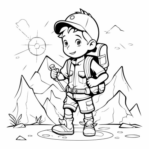 Coloring Page Outline Of a Boy Hiking in the Mountains