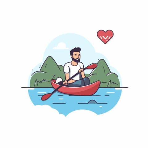 Man in a canoe on the river. Flat style vector illustration.